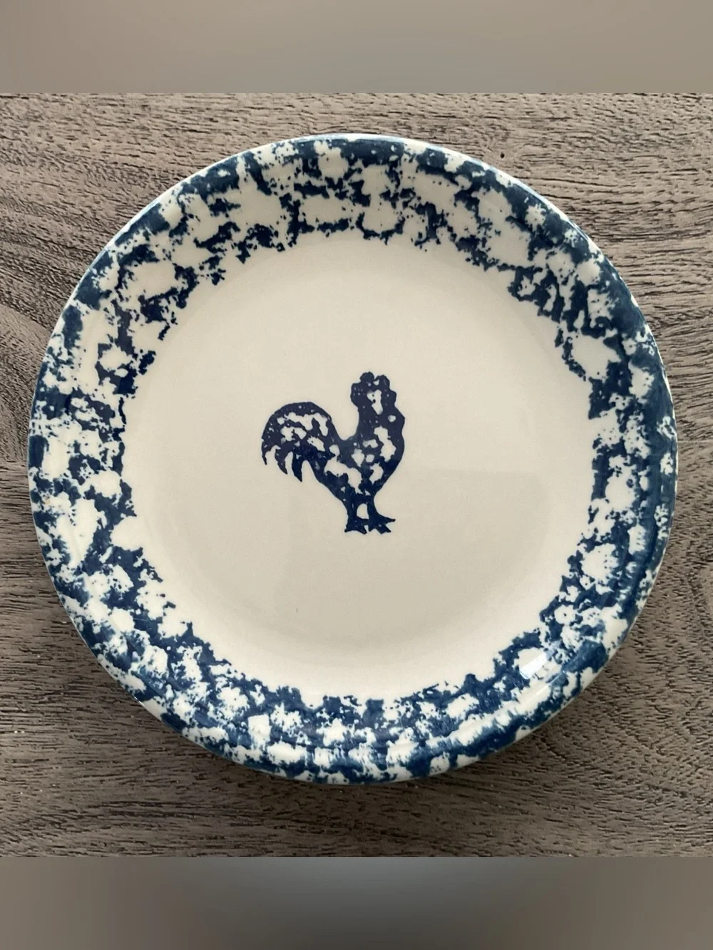 Vintage Tienshan Folk Craft Blue Sponge Rooster Salad Dessert Plate, 7-1/4”